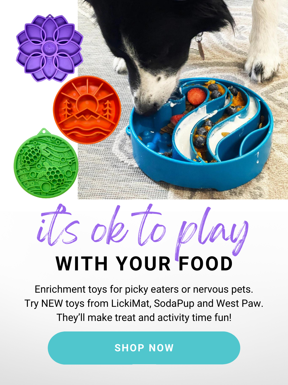 Enrichment toys for picky eaters, calming anxious pets or mealtime fun! Shop the collection now!