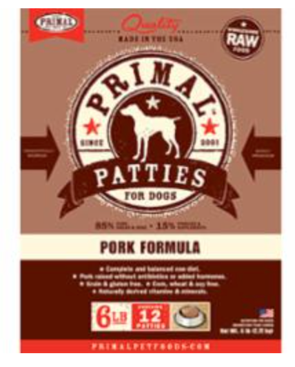 Primal Dog Frozen 6 lb. Patties Pork