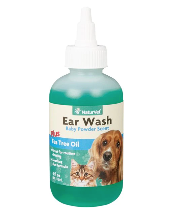 NaturVet Ear Wash Plus Tea Tree Oil for Dogs and Cats, Baby Powder Scent