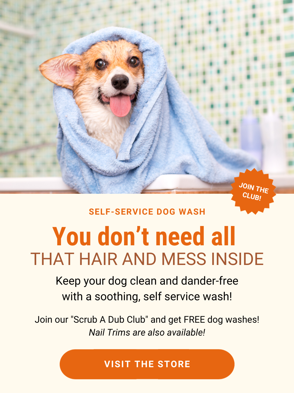 You don't need all that hair and mess inside! Keep your dog clean and dander-free with a soothing, self service wash!