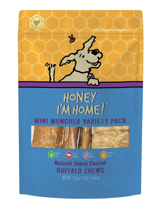 Honey I'm Home! Mini Muncher Variety Pack Natural Honey Coated Buffalo Chews Grain-Free Dog Treats, 6 count