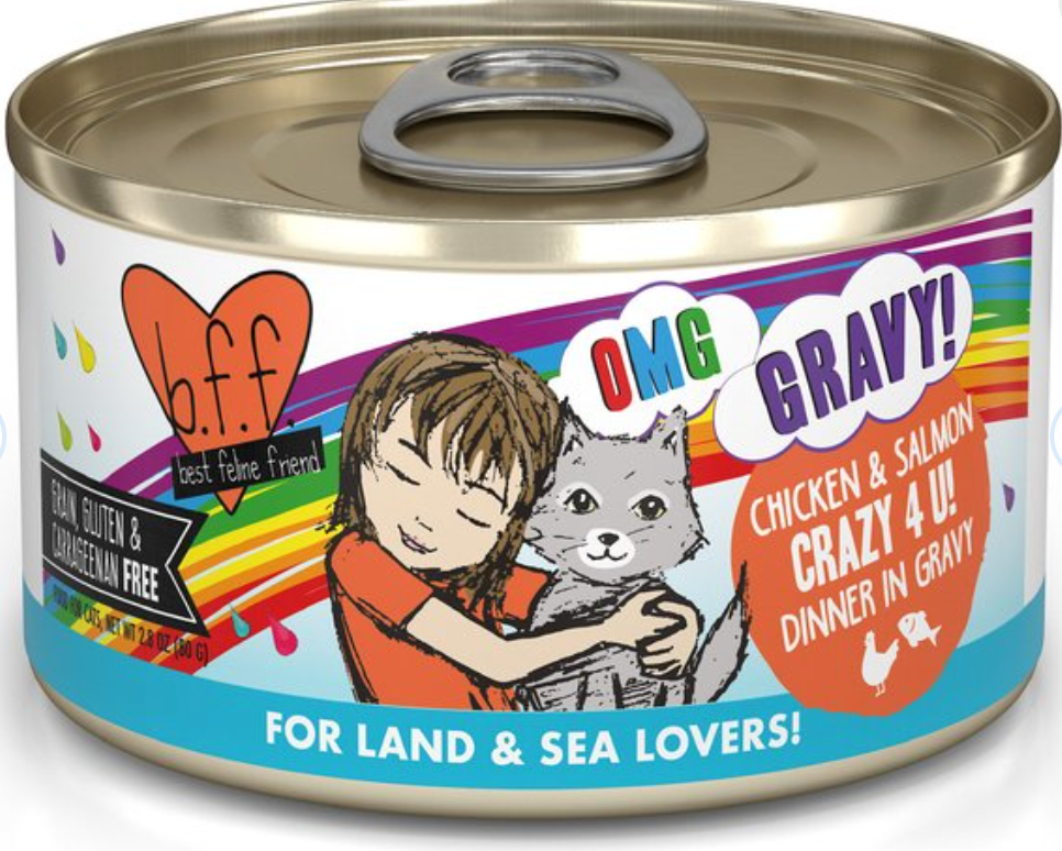 Weruva BFF OMG Crazy 4 U Chicken & Salmon Dinner in Gravy Grain-Free Canned Cat Food, 2.8 oz