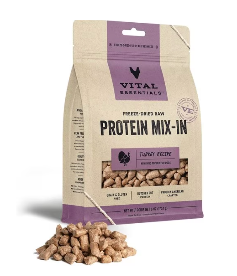 Vital Essentials Protein Mix-In Mini Nibs Grain-Free Freeze-Dried Raw Dog Food Topper, Turkey recipe