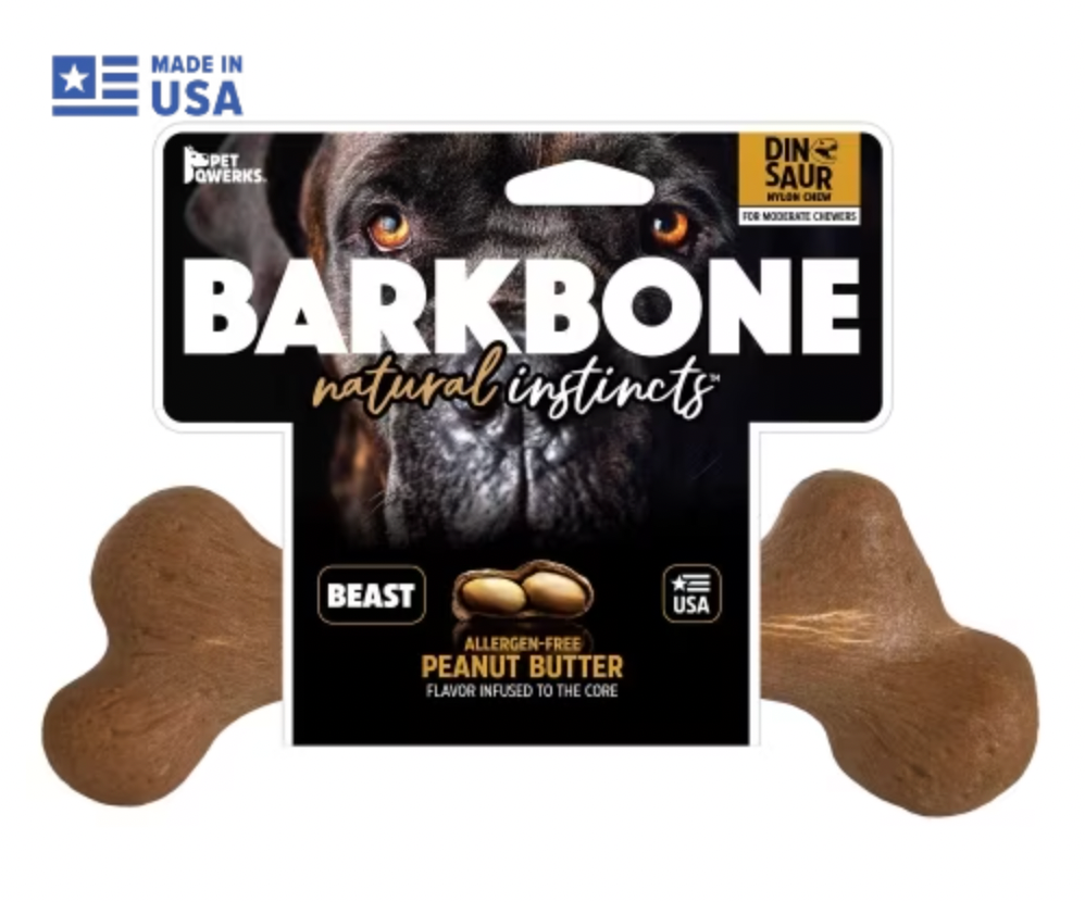 PetQwerks "BarkBone" Dinosaur Dog Chew Toy - Medium, Large, Beast - PEANUT BUTTER