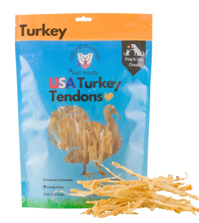 Natural Cravings Turkey Tendons Dog (and Cat) Chews for Light Chewers, 3 oz & 8 oz.