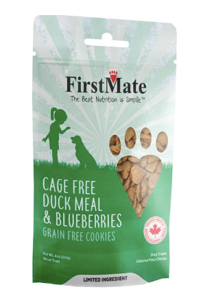 FirstMate Cage Free Duck & Blueberries Dog Treats, 8-oz bag