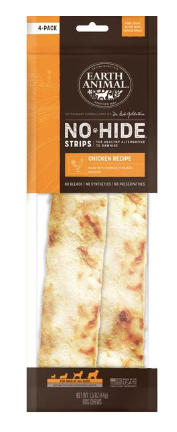 Earth Animal No-Hide Strips Thin Natural Rawhide Alternative Chew Dog Treat, Chicken 4 pack