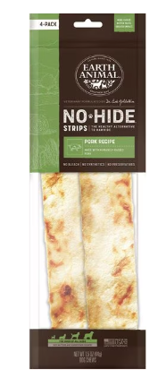 Earth Animal No-Hide Strips Thin Natural Rawhide Alternative Chew Dog Treat, Pork 4 pack