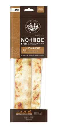 Earth Animal No-Hide Strips Thin Natural Rawhide Alternative Chew Dog Treat, Venison 4 pack