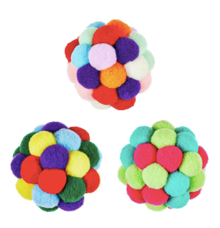 Multipet Pom Pom Ball w/ Rattle Cat Toy in Assorted Colors 2"