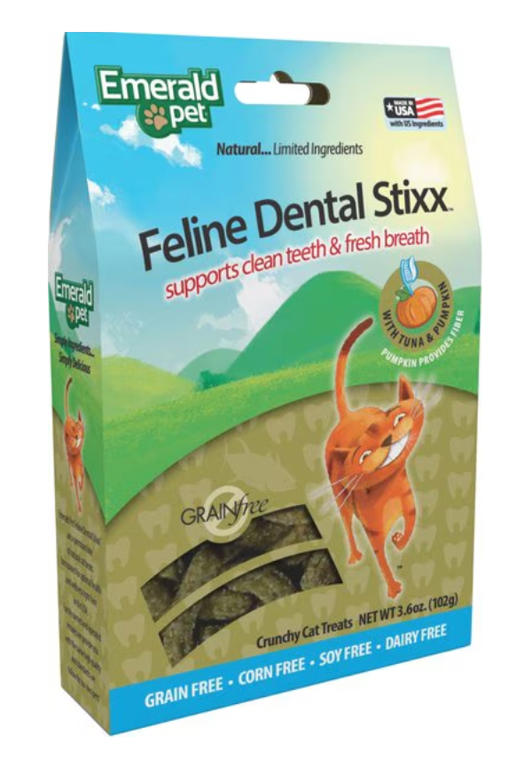 Emerald Pet Feline Dental Stixx with Tuna & Pumpkin Grain-Free Dental Cat Treats, 3.6 oz.