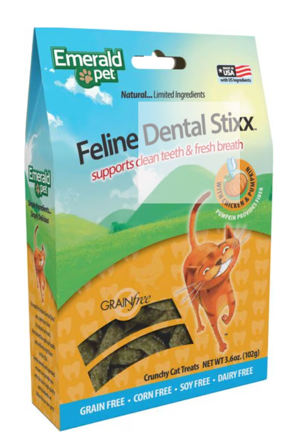 Emerald Pet Feline Dental Stixx with Chicken & Pumpkin Grain-Free Dental Cat Treats, 3.6 oz.