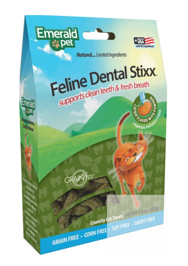 Emerald Pet Feline Dental Stixx with Catnip & Pumpkin Grain-Free Dental Cat Treats, 3.6 oz.