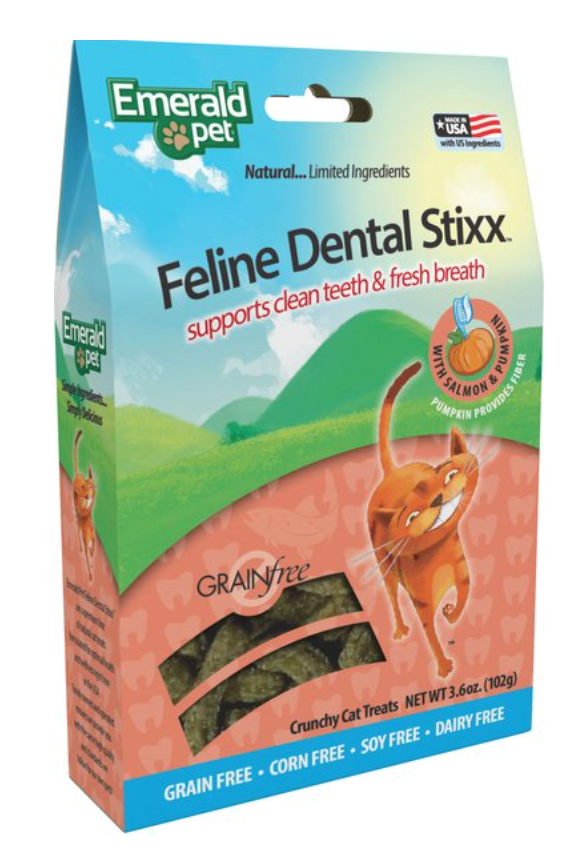 Emerald Pet Feline Dental Stixx with Salmon & Pumpkin Grain-Free Dental Cat Treats, 3.6 oz.