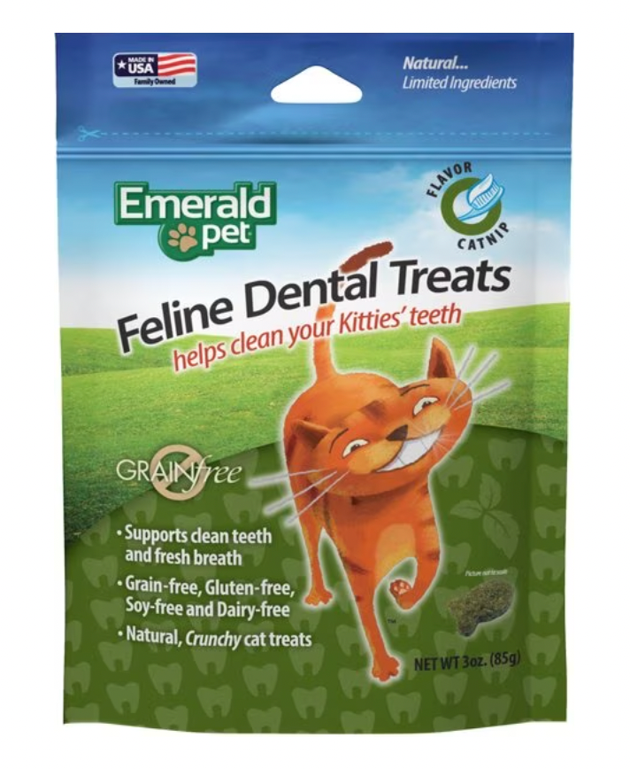 Emerald Pet Feline Dental Catnip Flavor Grain-Free Cat Treats, 3 oz.