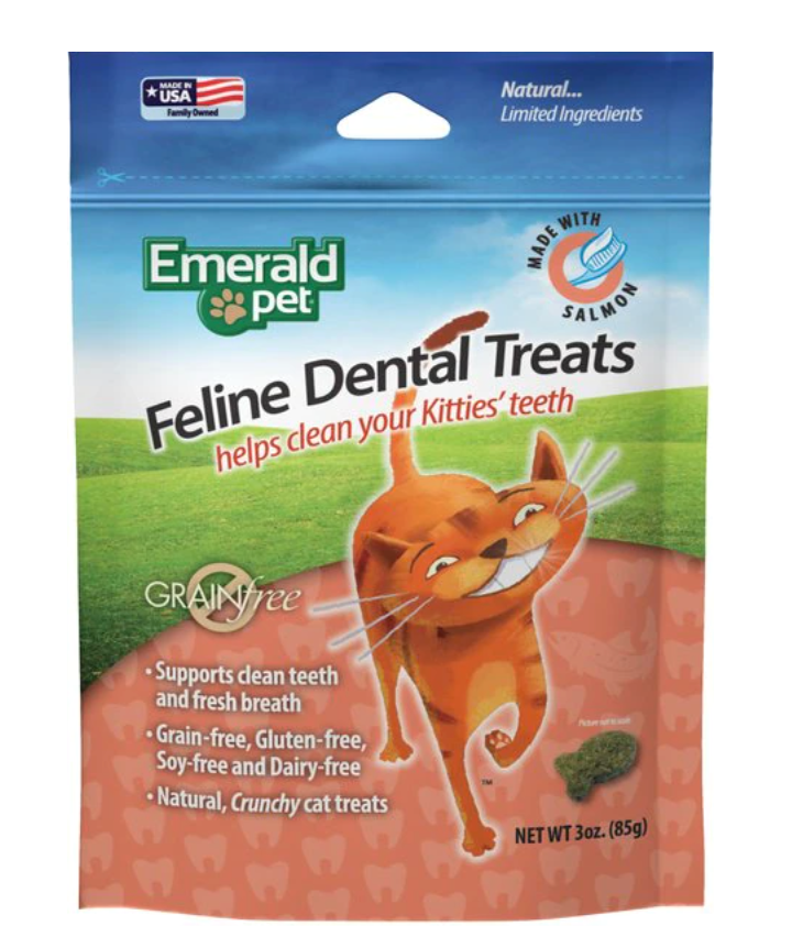 Emerald Pet Feline Dental Salmon Flavor Grain-Free Cat Treats, 3 oz.