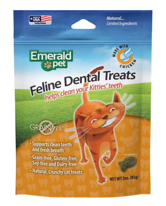 Emerald Pet Feline Dental Chicken Flavor Grain-Free Cat Treats, 3 oz.