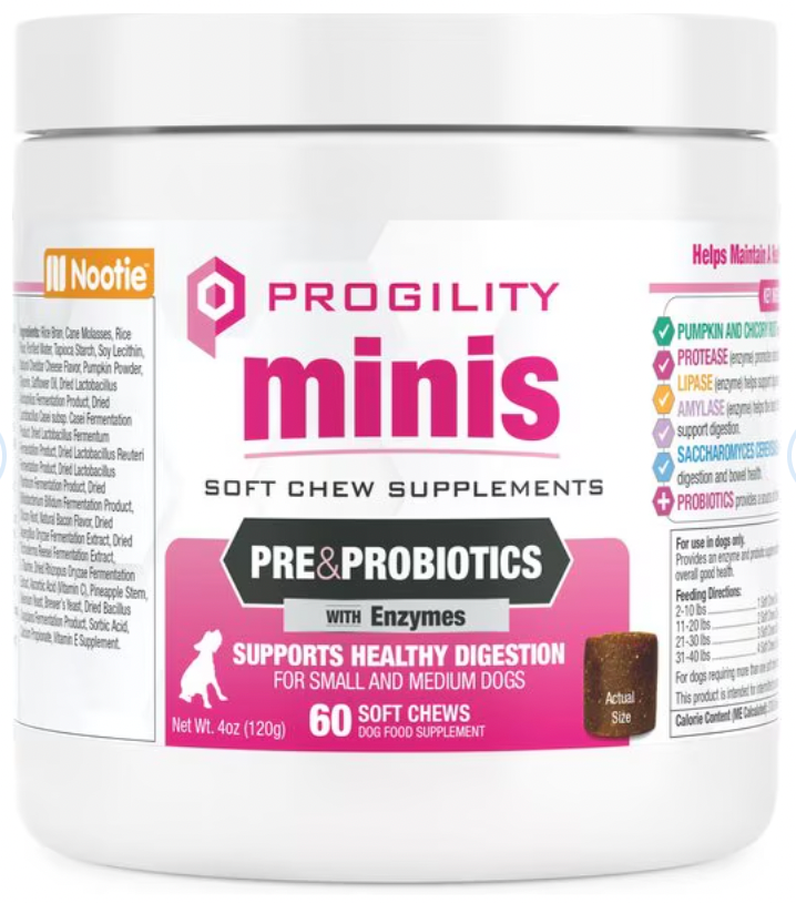 Nootie Progility Mini Digestive Support Small & Medium Breed Chew Supplement for Dogs, 60 count