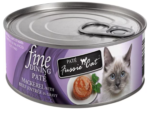 Fussie Cat Fine Dining Pate Mackerel with Beef Entrée in Gravy Wet Cat Food, 2.82 oz