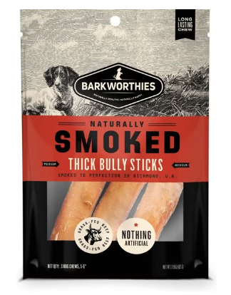 Barkworthies Smoked Bully Sticks, 6" Thick Dog Chews, 3-pack