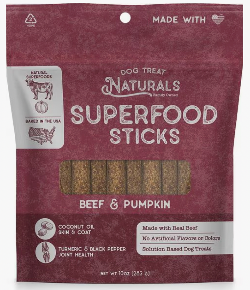 Dog Treat Naturals Superfood Chew Sticks, 10-oz bag: Beef & Pumpkin recipe