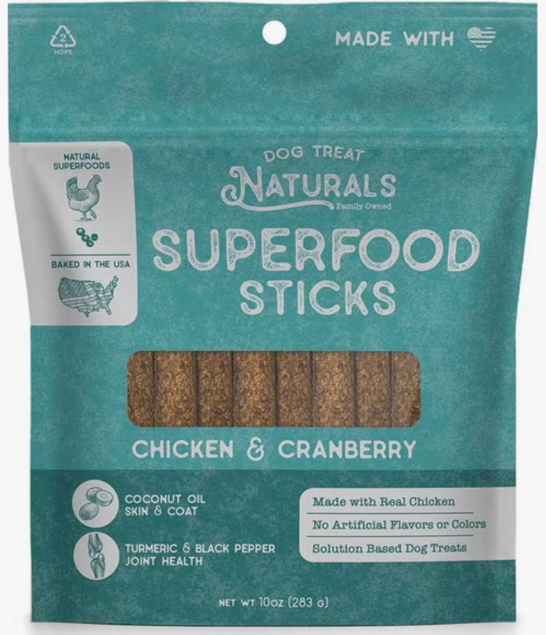 Dog Treat Naturals Superfood Chew Sticks, 10-oz bag: Chicken & Cranberry