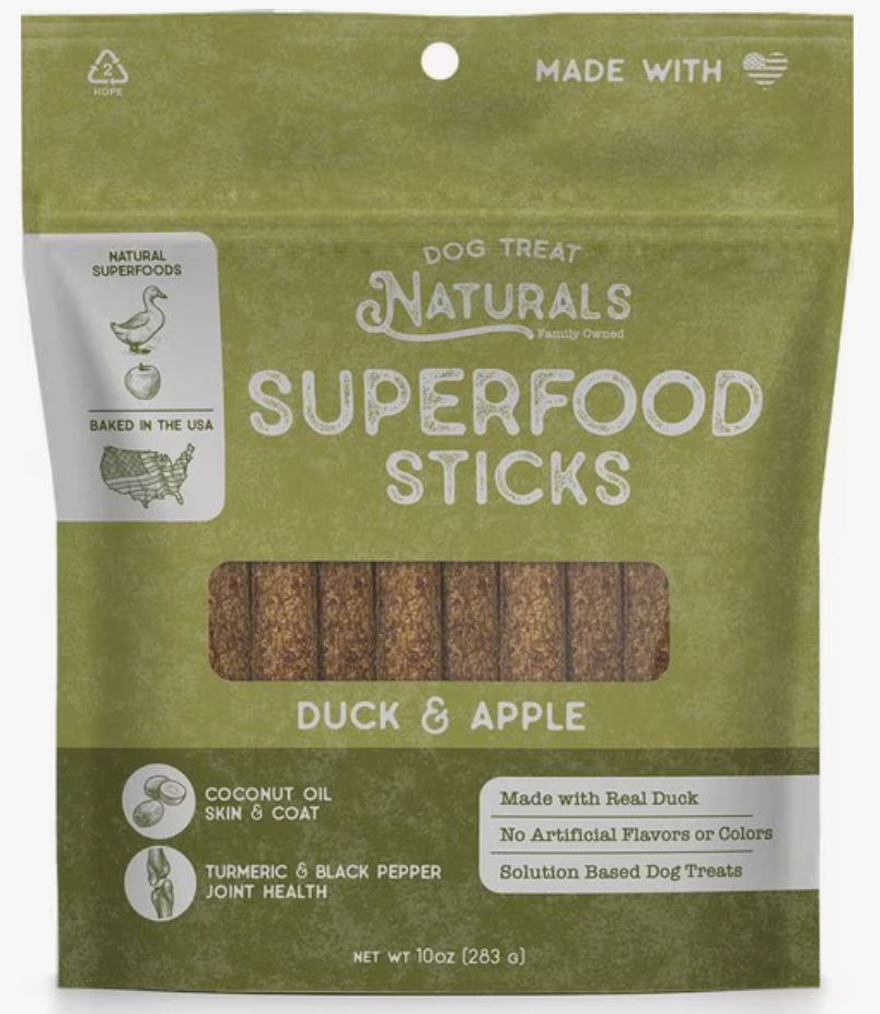 Dog Treat Naturals Superfood Chew Sticks, 10-oz bag: Duck & Apple