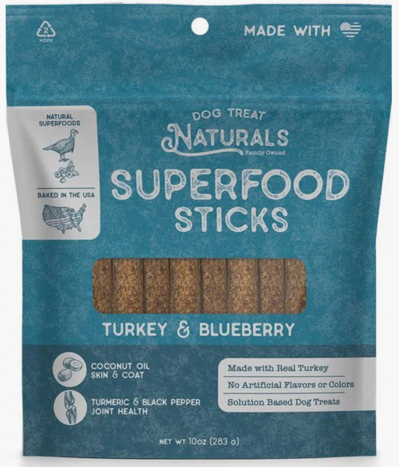 Dog Treat Naturals Superfood Chew Sticks, 10-oz bag: Turkey & Blueberry