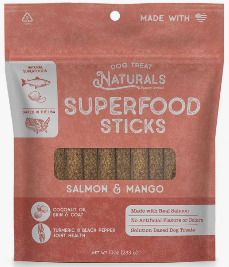 Dog Treat Naturals Superfood Chew Sticks, 10-oz bag: Salmon & Mango