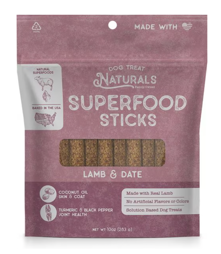 Dog Treat Naturals Superfood Chew Sticks, 10-oz bag: Lamb & Date recipe