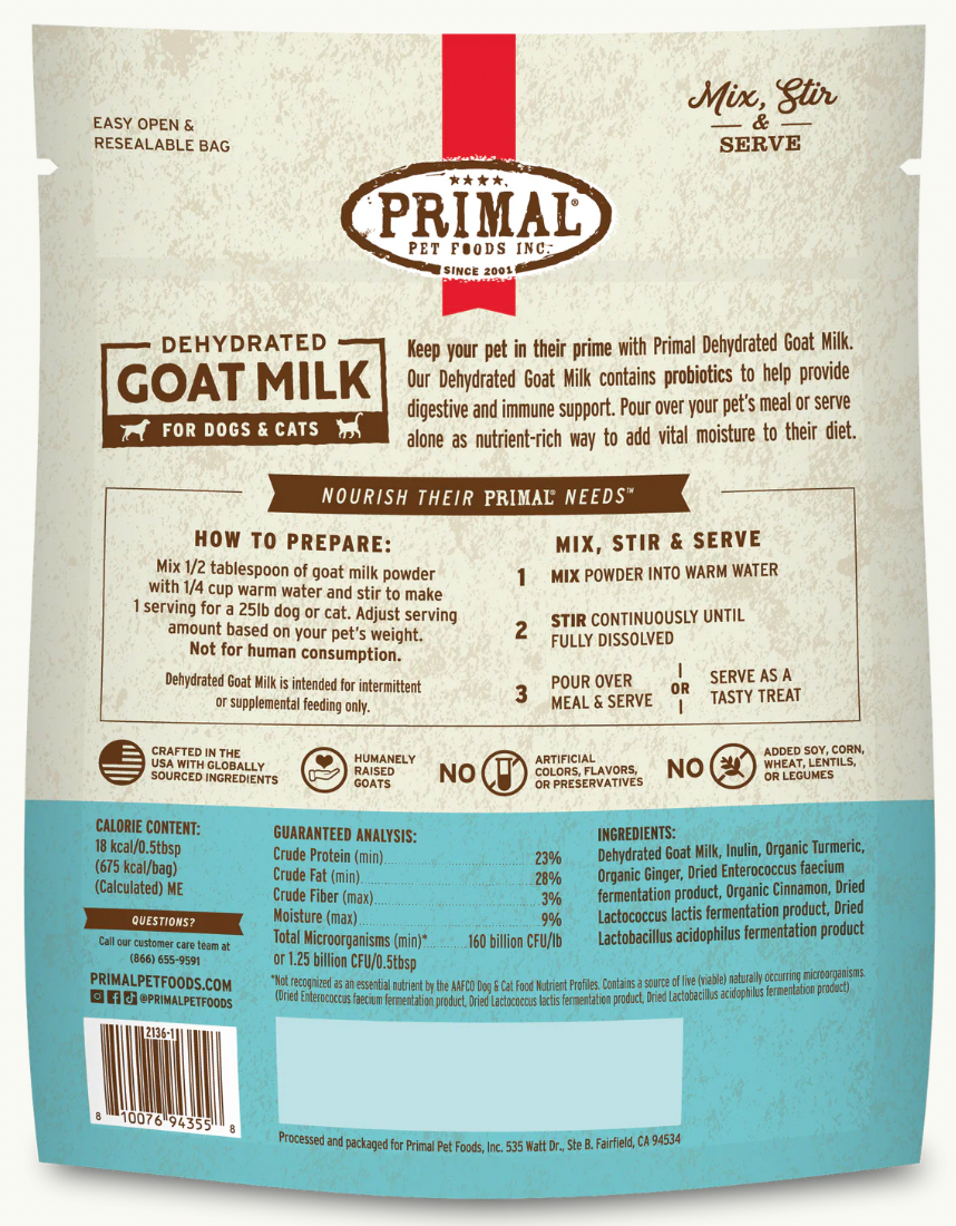 Primal Pet Food Dehydrated Goat Milk for Dogs & Cats, 10 x 1.8 single serve stick-packs