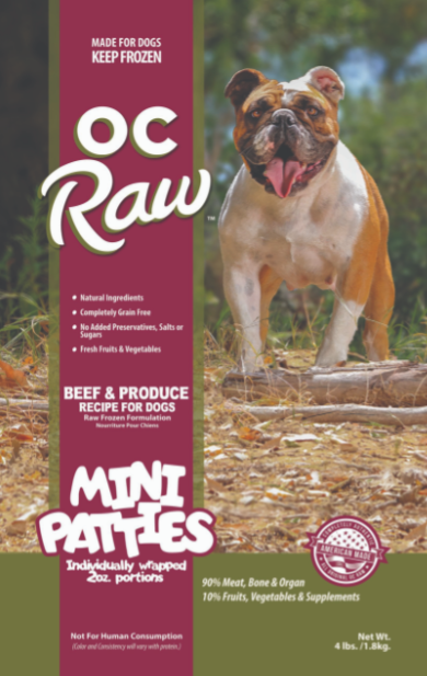 OC Raw Frozen Dog Food, Beef & Produce Sliders 4# (32 X 2oz individually wrapped mini patties)