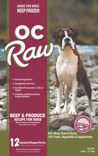 OC Raw Frozen Dog Food, Beef & Produce Patties 6# (12 X 8oz individually wrapped patties)