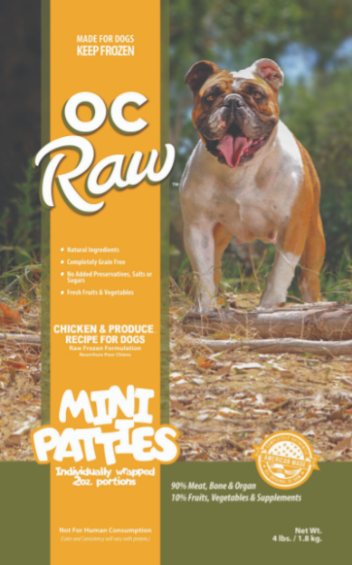 OC Raw Frozen Dog Food, Chicken & Produce Sliders 4# (32 X 2oz individually wrapped mini patties)