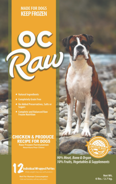 OC Raw Frozen Dog Food, Chicken & Produce Patties 6# (12 X 8oz individually wrapped patties)