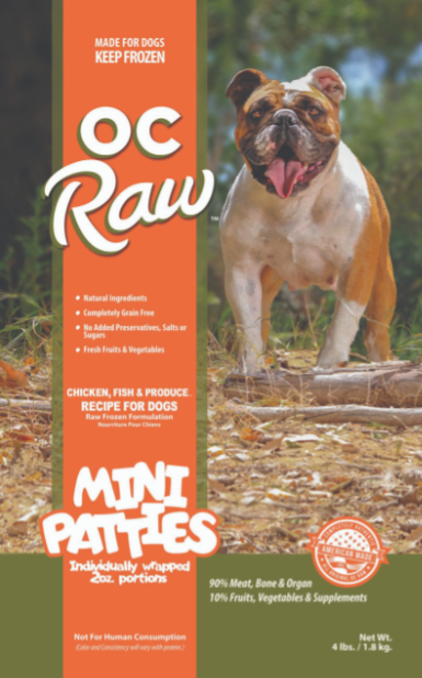 OC Raw Frozen Dog Food, Chicken, Fish & Produce Sliders 4# (32 X 2oz individually wrapped mini patties)