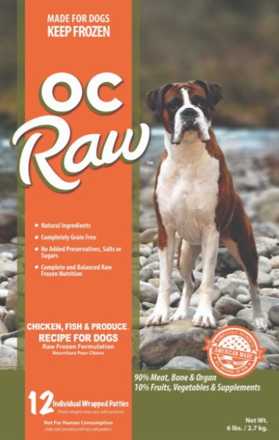 OC Raw Frozen Dog Food, Chicken, Fish & Produce Patties 6# (12 X 8oz individually wrapped patties)