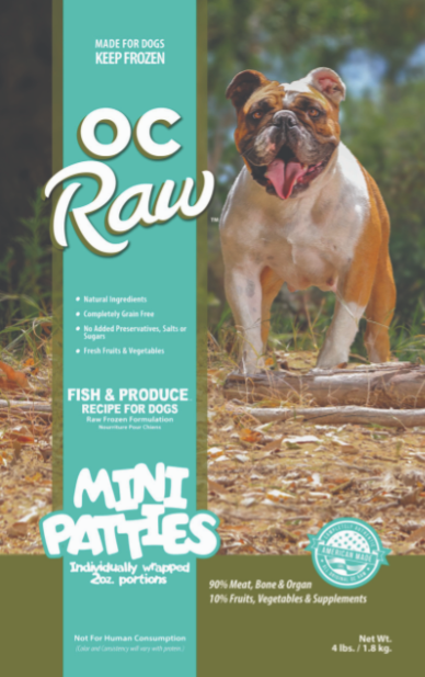 OC Raw Frozen Dog Food, Fish & Produce Sliders 4# (32 X 2oz individually wrapped mini patties)