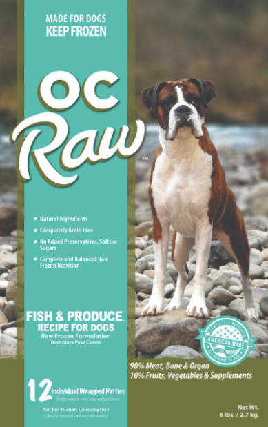 OC Raw Frozen Dog Food, Fish & Produce Patties 6# (12 X 8oz individually wrapped patties)