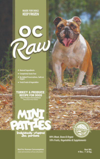 OC Raw Frozen Dog Food, Turkey & Produce Sliders 4# (32 X 2oz individually wrapped mini patties)