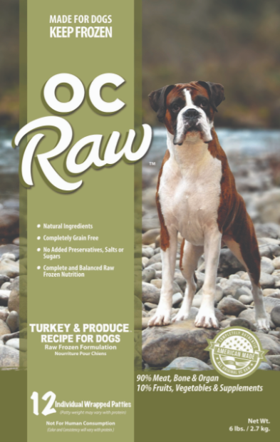 OC Raw Frozen Dog Food, Turkey & Produce Patties 6# (12 X 8oz individually wrapped patties)