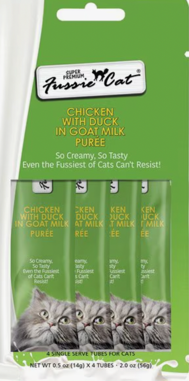 Fussie Cat Chicken with Duck in Goat Milk Puree Lickable Cat Treat, 2 oz pouch 4 pack