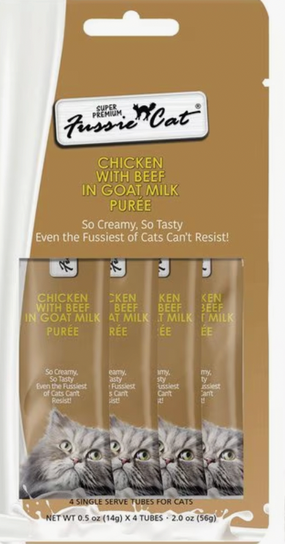 Fussie Cat Chicken with Beef in Goat Milk Puree Lickable Cat Treat, 2 oz pouch 4 pack