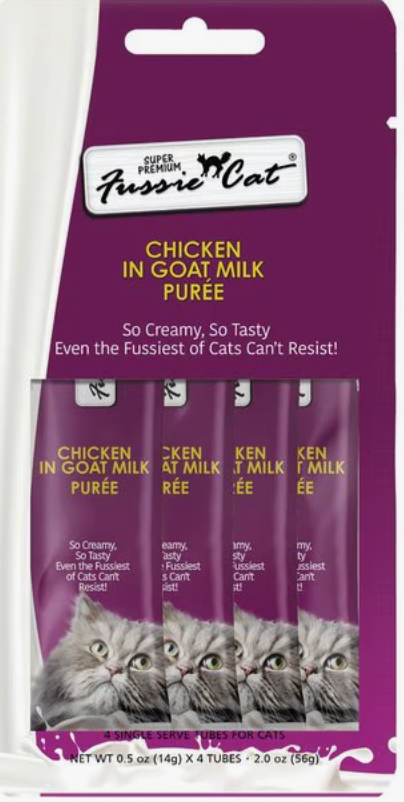 Fussie Cat Chicken in Goat Milk Puree Lickable Cat Treat, 2 oz pouch 4 pack