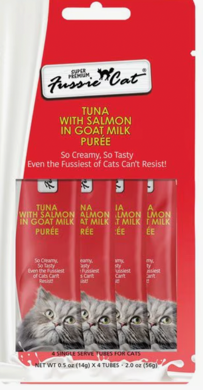 Fussie Cat Tuna with Salmon in Goat Milk Puree Lickable Cat Treat, 2 oz pouch 4 pack