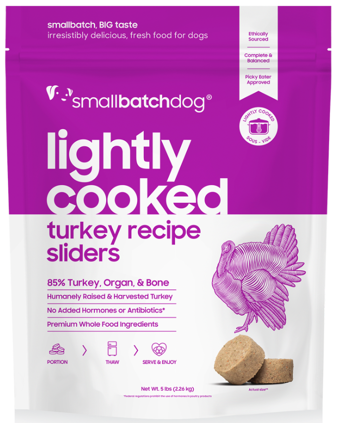 SmallBatch Lightly Cooked, Frozen Dog Food: 2 lb. Sliders, Turkey
