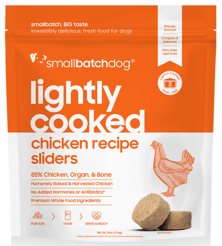 SmallBatch Lightly Cooked, Frozen Dog Food: 2 lb. Sliders, Chicken