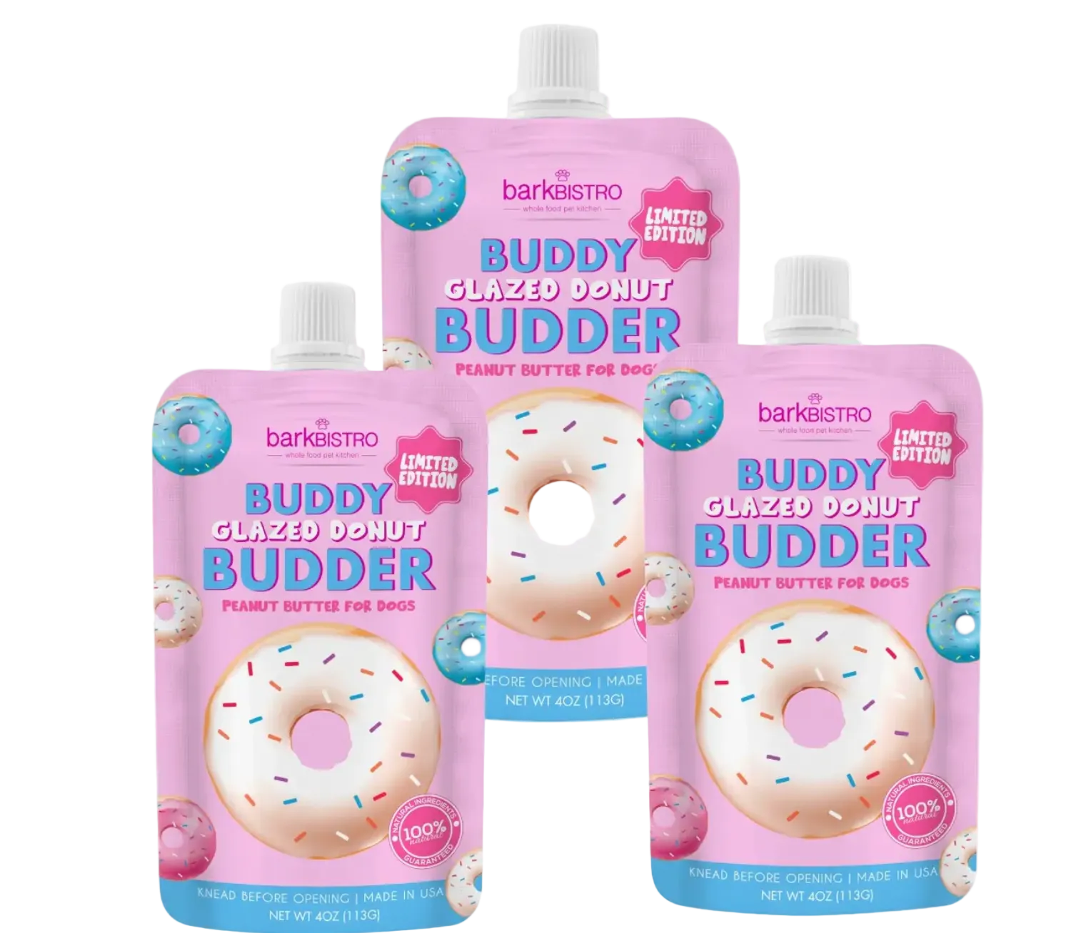 Bark Bistro Buddy Budder 4 oz. squeeze packs, Glazed Donut