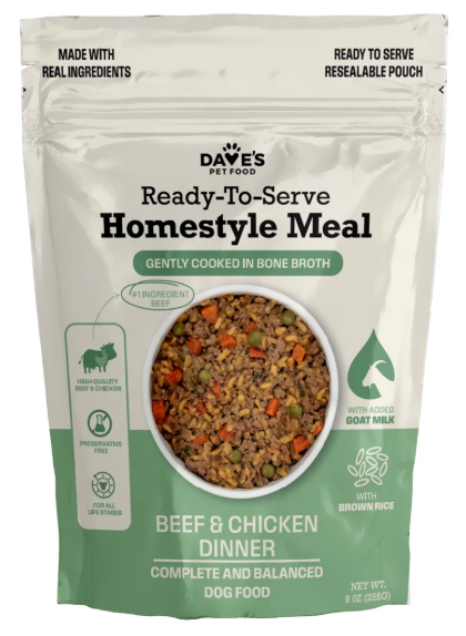 Dave's Pet Food Ready To Serve Homestyle Meal, 9 oz pouch - Goat Milk, Beef  & Chicken with Brown Rice
