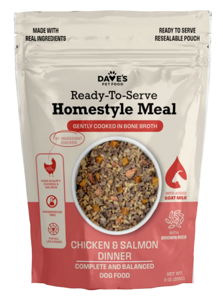 Dave's Pet Food Ready To Serve Homestyle Meal, 9 oz pouch - Goat Milk, Chicken & Salmon with Brown Rice